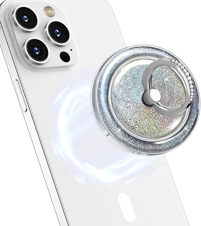 Transparent Magnetic Phone Grip Compatible with MagSafe Phone Ring Holder,360°Adjustable & Removable Silver Glitter Diamond Laser Design Magnet Stand for Phones and Tablets