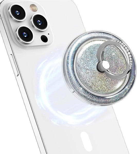 Transparent Magnetic Phone Grip Compatible with MagSafe Phone Ring Holder,360°Adjustable & Removable Silver Glitter Diamond Laser Design Magnet Stand for Phones and Tablets