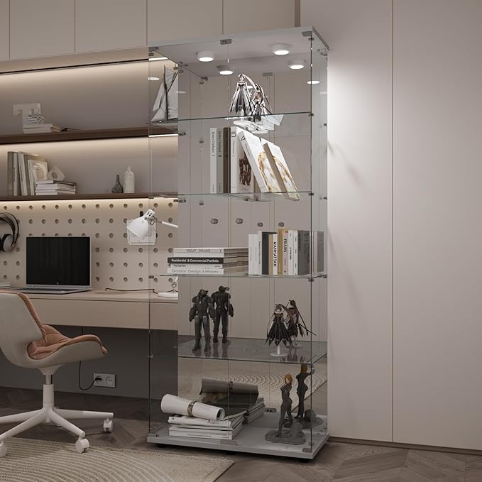 LFT HUIMEI2Y Glass Display Cabinet 5-Shelf with LED Light, Mirror and Lock, 2 Door Curio Cabinets, Tempered Glass Collection Display Showcase for Bedroom, Living Room White