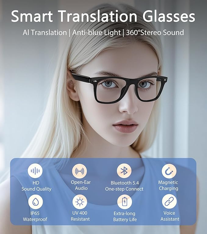 AI Smart Glasses, Multifunctional Bluetooth Glasses for Men & Women, 116 Languages & Accents Translator Device, Blue Light Filter & Polarized UV Protection Lenses Translation Glasses, Black
