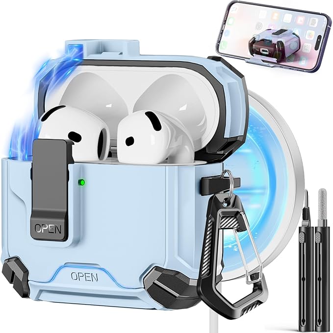 Compatible with AirPods 4 Case,Magnetic Automatic Lock with Phone Stand & Cleaning Kit,Compatible with Magsafe Cover -Sky Blue