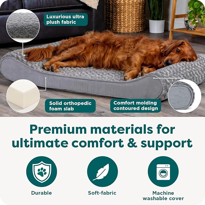 FurHaven Orthopedic Dog Bed for X-Large Dogs, Luxe Lounger Contour Mattress with Medical-Grade Solid Orthopedic Foam for Joint Support, Removable Washable Cover, Jumbo/XL, Plush Suede, Gray