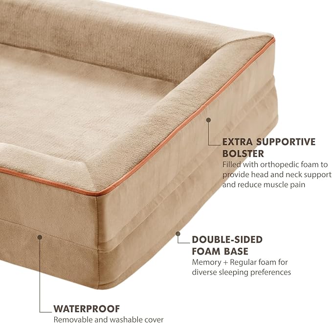 Friends Forever Orthopedic Dog Bed for Large Dogs, Waterproof Memory Foam Dog Sofa Bed L with Removable Washable Cover, Ally Khaki, 35x25x6.5