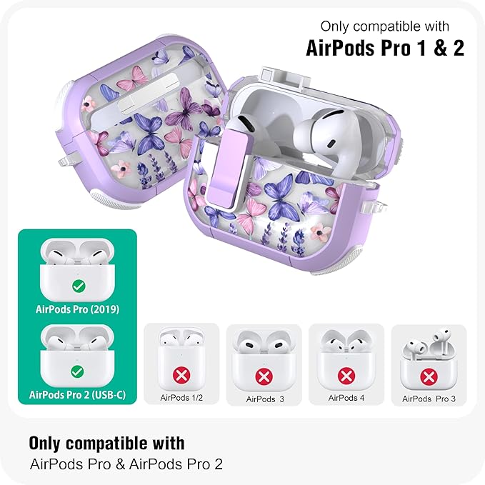 WENEW Case for AirPods Pro & Pro 2 Case Cover Secure Lock Automatic Snap Switch Clip Cleaner Kit Lanyard Women Stylish Hard Shell Full Body Front LED Visible (Purple Butterfly, AirPods Pro & Pro 2)