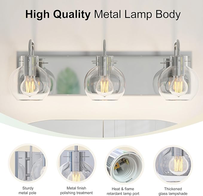3-Light Bathroom Light Fixtures, Brushed Nickel Vanity Light, Modern Wall Lights with Clear Glass Shade, Bathroom Wall Lamp for Mirror Kitchen, Bedroom, Hallway,Living Room
