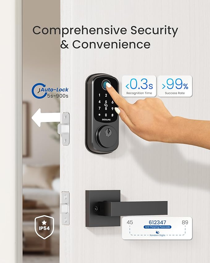 DESLOC B200 Fingerprint Smart Lock with 2 Lever Handles, Keyless Entry Front Door Lock Set, Electronic Keypad Deadbolt, App Control, Auto Lock, Long Battery Life, Secure Home Access