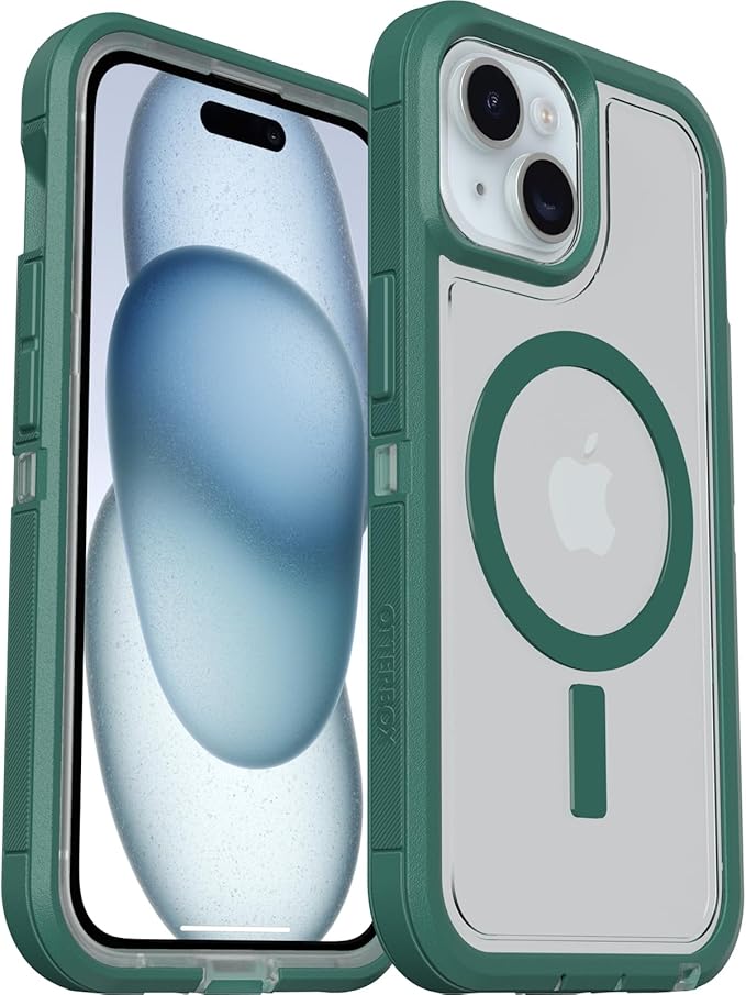 OtterBox iPhone 16e, 15, 14, & 13 Defender Series XT Clear Case - Velvet Evergreen (Clear), screenless, Rugged, Snaps to MagSafe, Lanyard Attachment