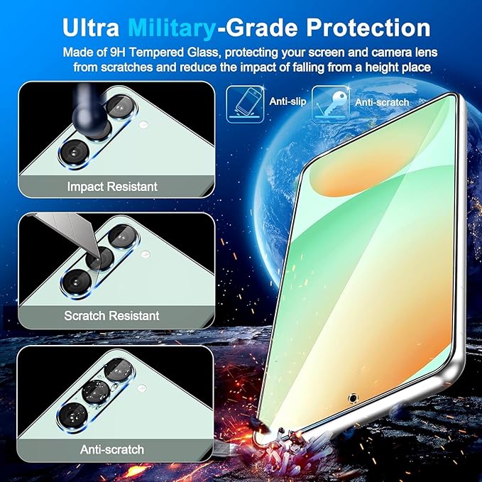 3 Pack for Samsung Galaxy S24 FE Screen Protector Tempered Glass + 3 Pack Camera Lens Protector, Military Grade Shatterproof, 9H Hardness, Fingerprint Unlock, Case Friendly 6.7 Inch