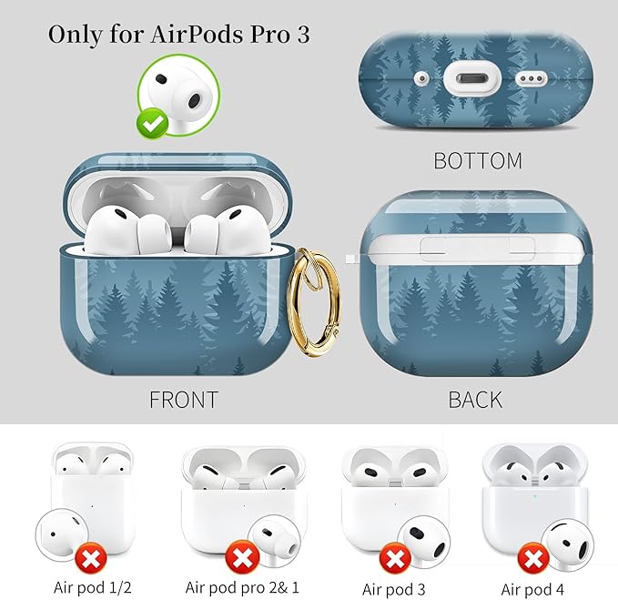 for AirPods Pro 3 Case, Compatible with AirPods Pro 3rd Generation Case (2025), Shockproof Protective Cover with Golden Carabine (Misty Forest Aesthetic Blue)