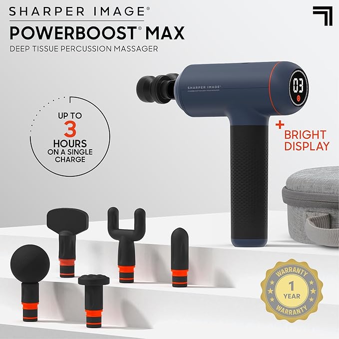 Sharper Image Deep Tissue Percussion Massage Gun, Powerboost Max Rechargeable Handheld Massager, 7 Adjustable Speeds, 6 Attachment Heads & Carrying Case, Full Body Muscle Pain Relief, Blue