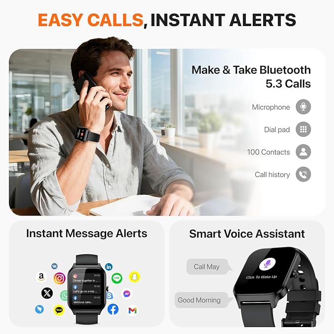 Smart Watch for Women Men,(Answer/Make Call) 1.83'' Fitness Activity Tracker Smartwatch for Android iPhone iOS Compatible,IP68 Waterproof Step Counter Watch with Sleep Monitor, 2 Traps