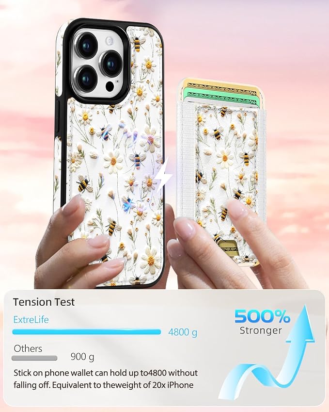 Shorogyt for iPhone 14 Pro Max Case Wallet - Fits 5 Cards, Compatible with Magsafe Detachable Magnetic Credit Card Holder Leather Cardholder Cute Phone Cover Women Girl for Apple 14 ProMax, Bee Flower