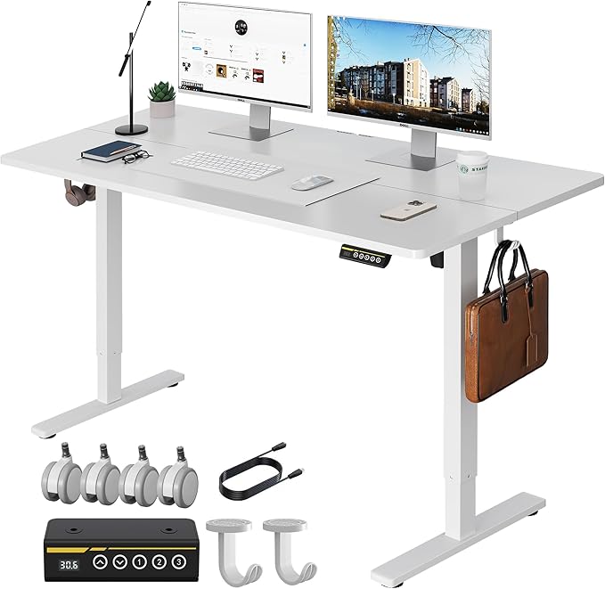 55x28 Large Electric Standing Desk Adjustable Height Stand Up with Lockable Wheels 27.6" Deep Ergonomic Sit Stand Desk for Home Office Work Computer Desk Workstation
