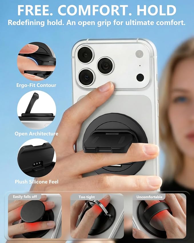 SEMBO Magnetic Phone Ring Holder with Kickstand for MagSafe, Two-Sided Magnet, 360° Rotation Comfortable Flip Out Silicone Plate Finger Grip Gym Accessories for iPhone 17 Pro Max 16 15 14 13 12(Black)