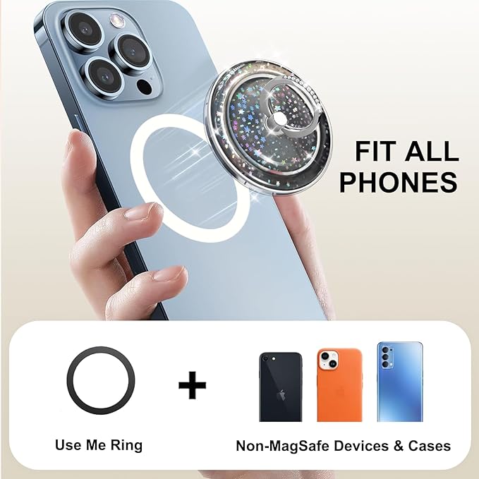 Transparent Magnetic Phone Grip Compatible with MagSafe Phone Ring Holder,360°Adjustable & Removable Silver Star Diamond Laser Design Magnet Stand for Phones and Tablets