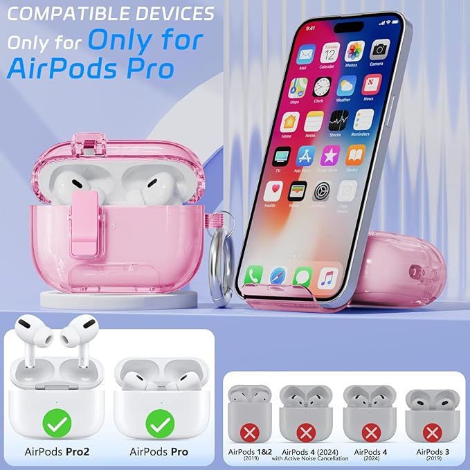 for AirPods Pro 2 Case with Phone Stand & Secure Lock, Auto-Open Clear Cover Compatible with Apple AirPods Pro 2nd/1st Gen (2023,2022,2019) with Cleaning Kit & Keychain (Clear Pink)