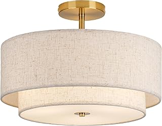 CALOKES 16" Double Drum Gold 3-Light Semi Flush Mount Ceiling Light, Classic Fabric Linen Shade Design for Living Room, Bedroom, Kitchen, Dining Room, Hallway and Entryway - Image 1