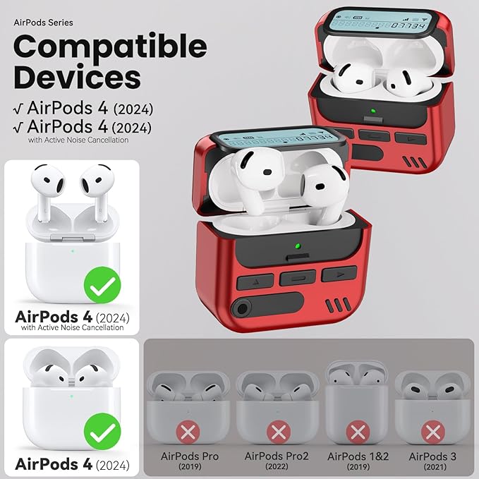 (with Safety Lock) Pager Cases for AirPods 4 Case Cover 2024 with Cleaner Kit,Sturdy Hard PC Protective for Apple AirPods 4th Generation Case for Men Women,AirPods 4 Accessories with Keychain-Red