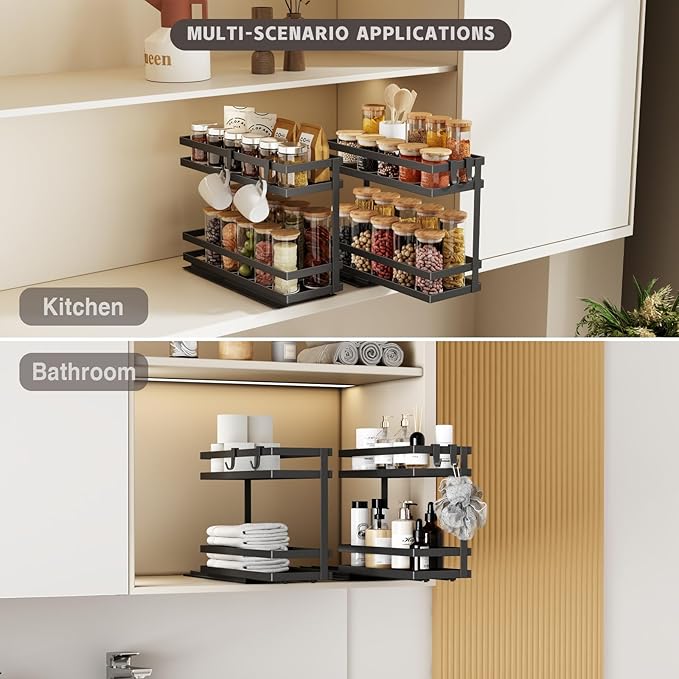 Pull Out Spice Rack Organizer for Cabinet, 2 Pack Metal Seasoning Organizer Slide Out Spice Storage Shelf No Assembly Vertical Spice Rack Pullout for Kitchen & Bahthroom No Drill(2 Tier,Black)
