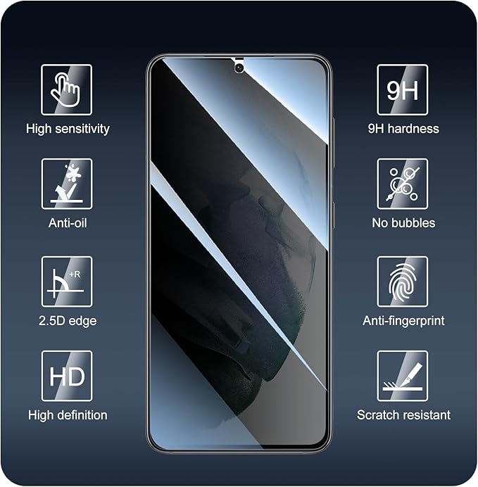 Privacy Screen Protector for Samsung Galaxy S21, Anti-Spy Tempered Glass, 9H Hardness Anti-Scratch Shatterproof, 2.5D Curved Edges, Bubble-Free Easy Install Case Friendly - 3 Pack