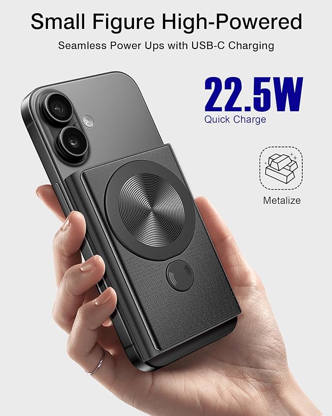 Magnetic Portable Charger, 10000mAh 22.5W PD Super Fast Charging Wireless Power Bank, Ultra-Strong Magnet, USB-C in&Out Battery Pack for iPhone 17/16/15/14/13/12 Pro Series, Black