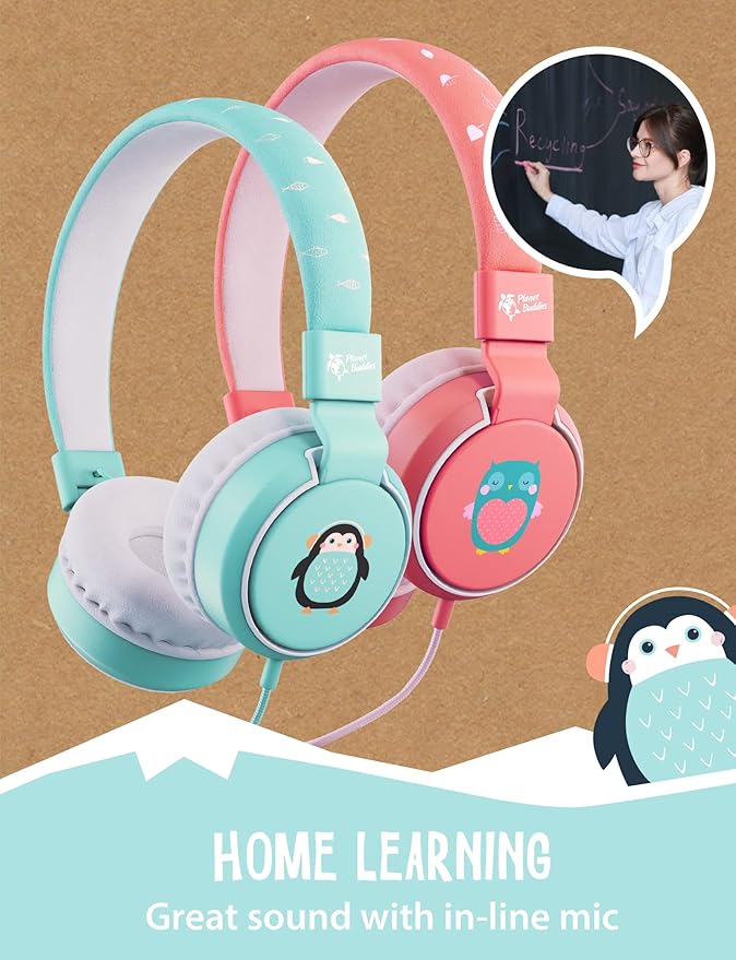 Planet Buddies Penguin Kids Headphones Wired, On Ear Headphones for Todler, 85db Volume Limited, Safe Foldable Earphones for Kids with Microphone, Childrens Headset for School/Tablet/Travel - Blue