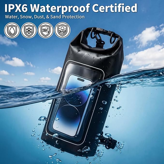kullder Waterproof Dry Bag, 2L Roll Top Waterproof Pool Bag IPX8 with Crossbody Strap, Phone Pouch Water Protector for Cruise Camp Swim Beach Fish Travel Essentials, Boat & Kayak Accessories (Black)