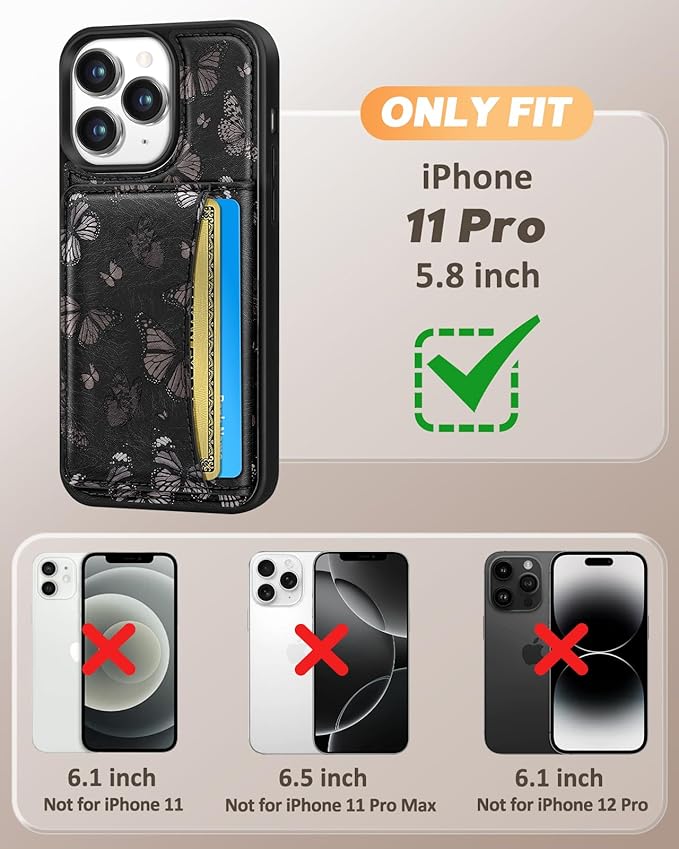 for iPhone 11 Pro Case with Wallet - Fits 4 Card Slots,Compatible with MagSafe for Women Aesthetic Durable PU Leather Credit Card Holder Kickstand Phone Cover for Apple 11 Pro, Black Butterfly