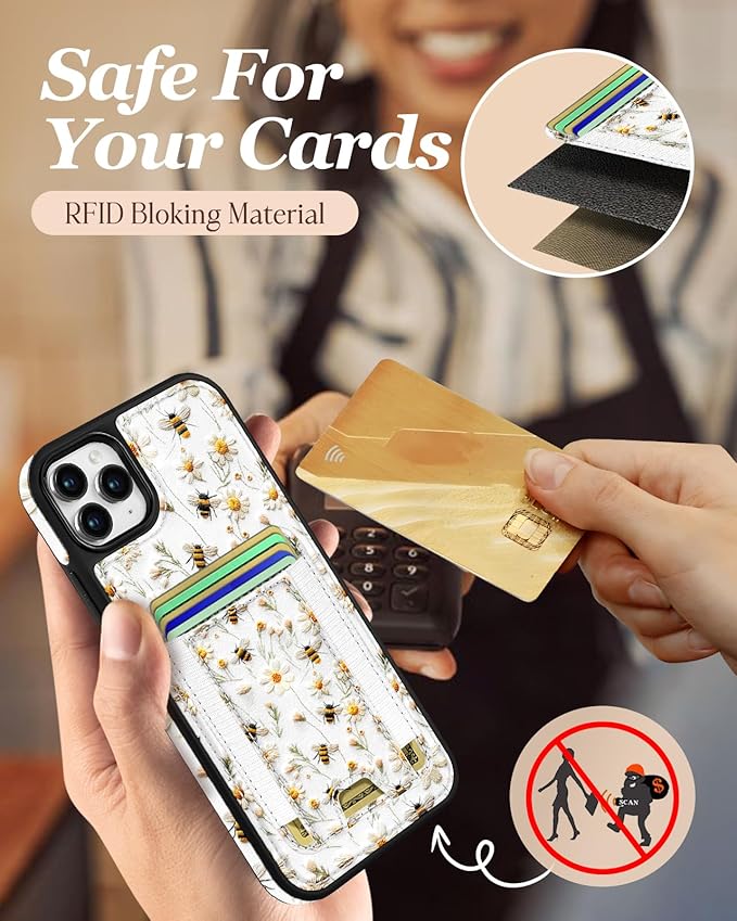 Shorogyt for iPhone 11 Pro Max Wallet Case - Fits 5 Cards, Compatible with Magsafe Detachable Magnetic Credit Card Holder Leather Cardholder Cute Phone Cover Women Girl for Apple 11 ProMax, Bee Flower