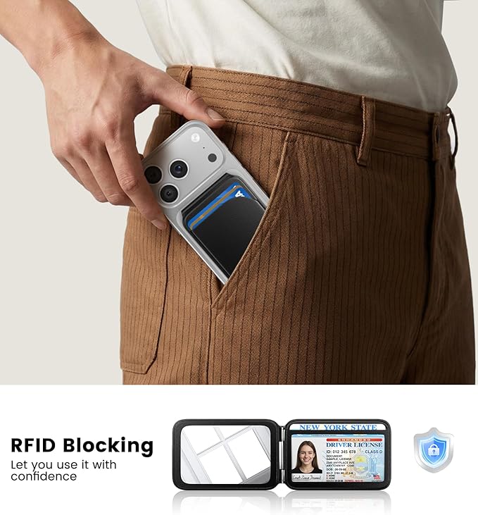 Magnetic Phone Wallet With Makeup Mirror - Mag Safe Wallet Leather RFID-Blocking Mag-Safe Card Holder for iPhone 17/16/15/14/13/12 Series, Not for iPhone 13/12 Mini (Black)