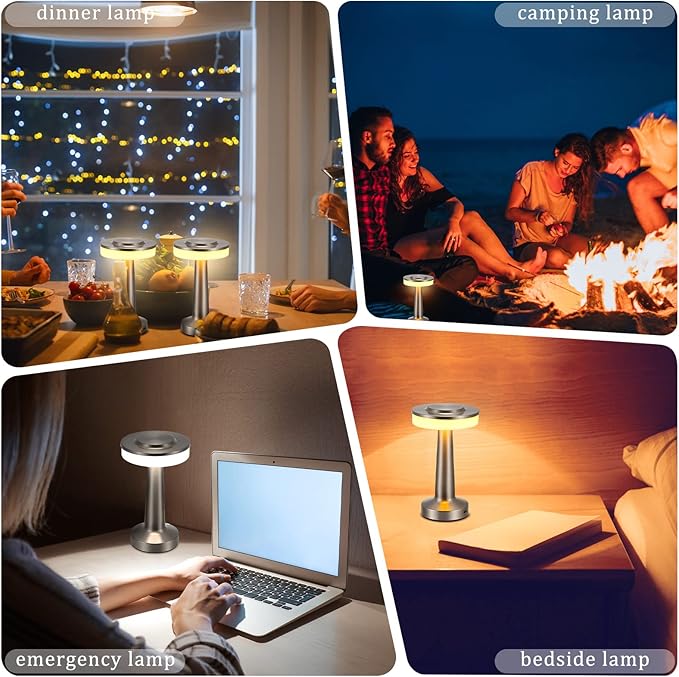 VIHOSE 8 Pcs Silver Cordless Table Lamps LED Portable Rechargeable Table Lamp with Touch Sensor 3 Color Dimming up to 15 Hours Battery Desk Light for Restaurant Nursery Living Room