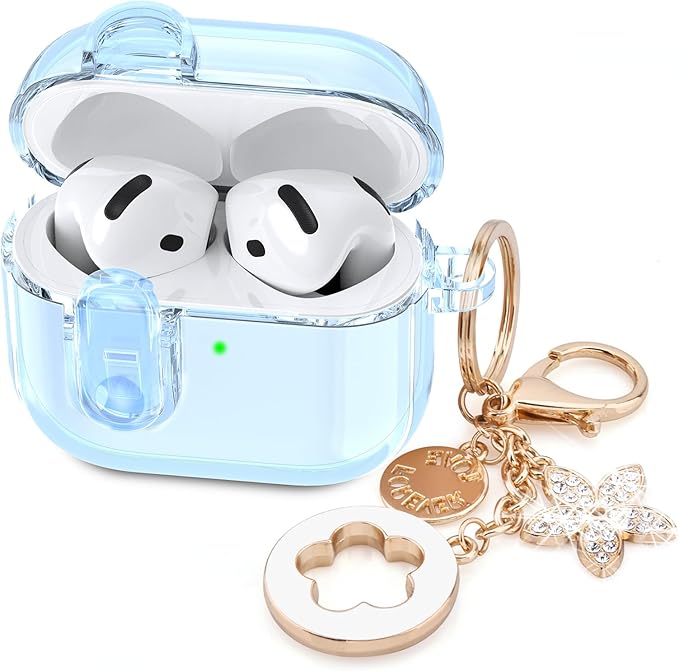 (with Safety Lock) Clear Case Compatible with Cute Apple Airpods 4 Cases 2024 Women, VISOOM Soft TPU Transparency Air pods 4 Gen Case iPods 4 Earbuds Case Girl Bling Keychain for Airpod iPod 4th Gen