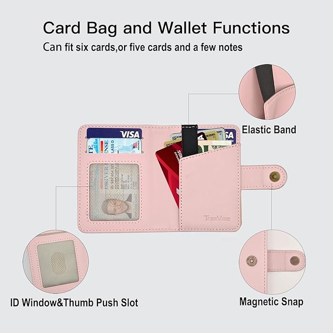 for MagSafe Card Holder for iPhone 17/16/15/14/13/ Pro/Max/Plus with Strap Stand RFID Blocking ID Window Hold 5 Cards,Leather Magnetic Phone Wallet for MagSafe Phones and Cases,Leather Pink