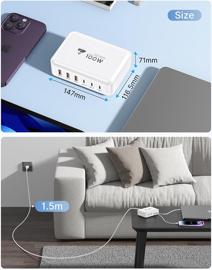100W USB C Fast Charger Station 6 Ports (One Port 65W Max) Charging Block for Multiple Devices USB Wall Plug Charger Block for iPhone, iPad, Samsung, MacBook, Tablet, Laptop, 5FT Cord