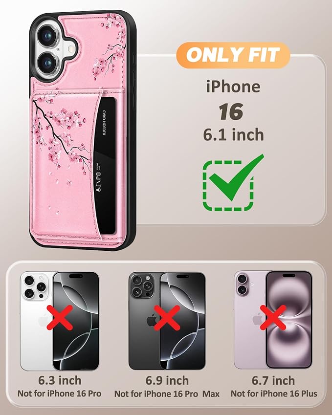 for iPhone 16 Wallet Case - Fits 4 Card Slots, Compatible with MagSafe for Women Aesthetic Durable PU Leather Credit Card Holder Kickstand Phone Cover for Apple 16, Peach Blossom