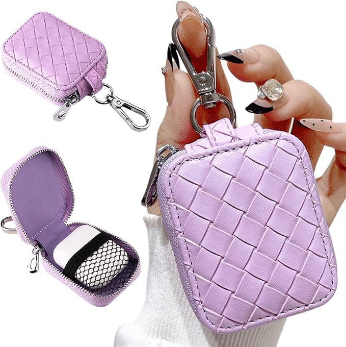 Earbud Case, Headphone Storage Case for AirPods 4/1/2/3/Pro 2, Leather Plaid Zipper Carrying Pouch Earbuds Bag with Keychain for Wireless Earphones, Wired Headphone & USB Cable Lattice Purple