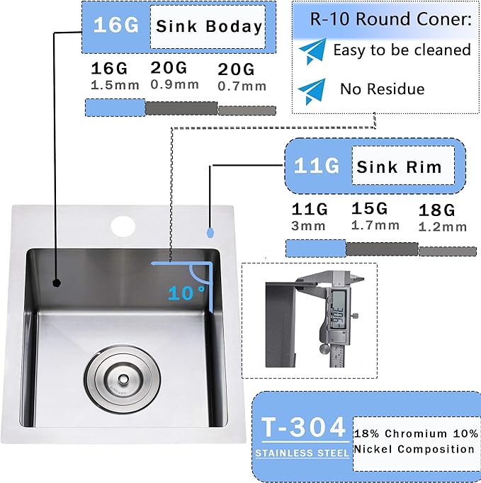 15 x 17 Inch Drop in Bar Sink, Single Bowl Topmount Small Kitchen Sink, 304 Stainless Steel Bar or Prep Sinks, Brushed Nickel