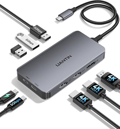 UANTIN Laptop Docking Station 3 Monitors, 8-in-1 USB C Dock with 2 HDMI, DP