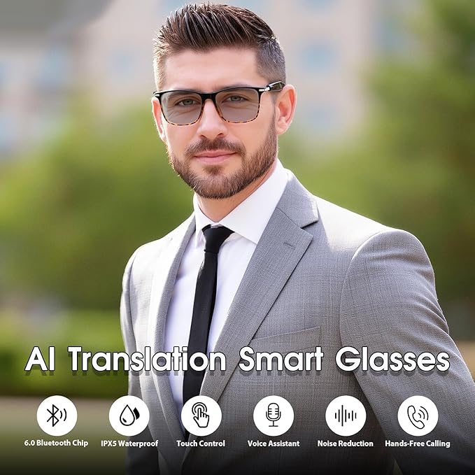 AI Smart Glasses for Men & Women, Photochromic AI Translation Glasses, Support 165+ Languages, Touch Control & IPX5 Waterproof, Multifunctional Bluetooth glasses, Travel Meeting Business Trade(Blue)