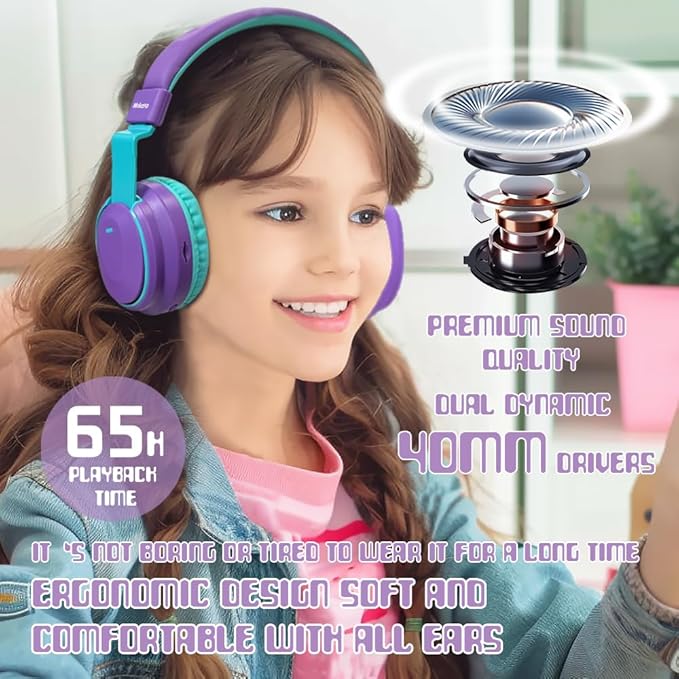 Kids Headphones Bluetooth 5.3 Wireless Lightweight Fast Charging 68 Hours Play Time Volume Limited 85/94dB Over Ear Foldable with Built-in Mic for Toddler Boy Girl Tablet Pad Purple