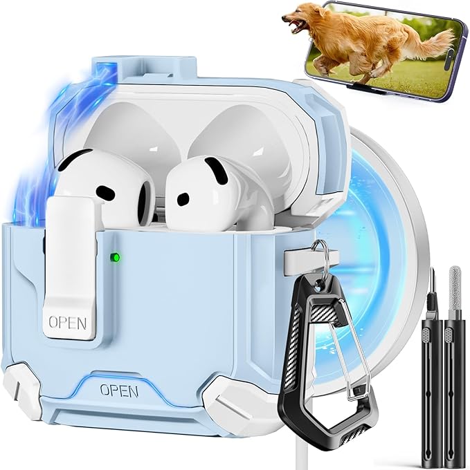 Compatible with AirPods 4 Case,Magnetic Automatic Lock with Phone Stand & Cleaning Kit,Compatible with Magsafe Cover -S-Blue