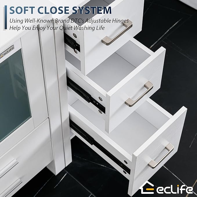 eclife 60" Modern Bathroom Vanity Sink Combo Freestanding Cabinet with Small Side Cabinet, White Rectangle Ceramic Vessel Sink, Water Save Faucet, Drain (White+T03)