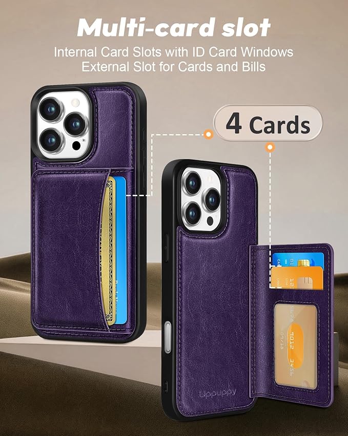 for iPhone 16 Pro Case with Wallet - Fits 4 Card Slots, Compatible with MagSafe for Women Aesthetic Durable PU Leather Credit Card Holder Kickstand Phone Cover for Apple 16 Pro, Purple