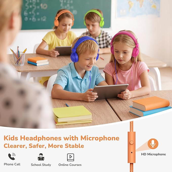 AILIHEN Kids Headphones Wired Bulk 5-Pack for K-6 School & Classroom, with Microphone, 85dB Volume Limit, Shareable, Foldable, 3.5mm Jack for Chromebook, Computer - Dark Color