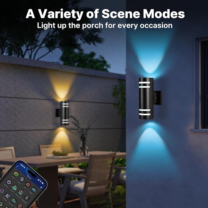 RGB Up and Down Lights Outdoor Wall Lights 6 Packs, Smart Color Changing Outdoor Wall Sconce WiFi Voice & App Control,Aluminum Waterproof Exterior Lights for Porch Compatible with Alexa
