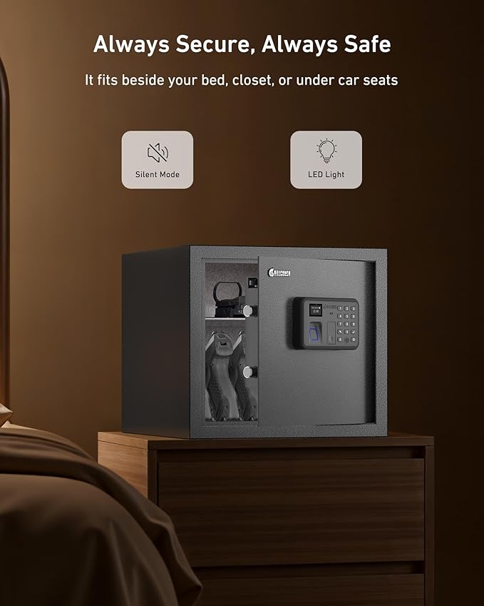 Billconch Smart Gun Safe for Multiple Pistols - Biometric Automatic Lock Safe Box with LCD Display/Voice Guide/Foldable Gun Racks, Quick Access Unlock with Fingerprint/Keypad/Key/App