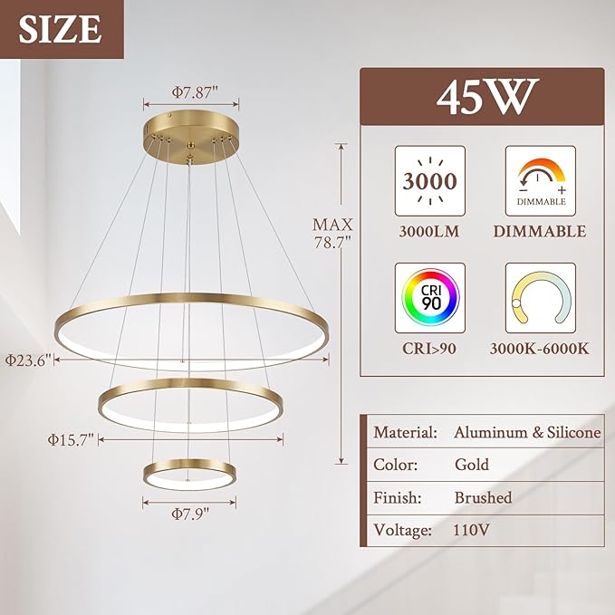 3 Ring Modern LED Chandelier Gold Dimmable Round Chandeliers, LED Circular Pendant Light Fixture with Remote Control for Living Room, Dining Room, Office, Entry, Bedroom
