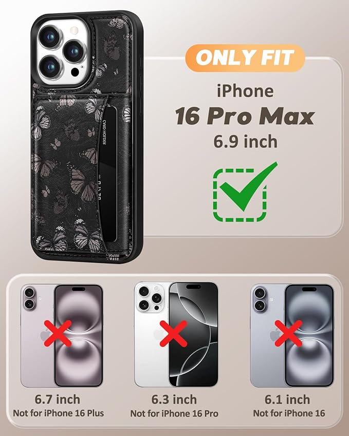 for iPhone 16 Pro Max Case with Wallet - Fits 4 Card Slots, Compatible with MagSafe for Women Aesthetic PU Leather Credit Card Holder Kickstand Phone Cover for Apple 16 Promax, Black Butterfly
