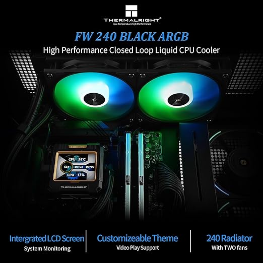 Thermalright FW240 Black ARGB CPU AIO Cooler,PC 240 Specification Water Cooler System,IPS LCD Screen with 320 * 240 Resolution,for AM5&Intel LGA1700/1851,CPU Cooler Comes with 2.4-inch LCD Display
