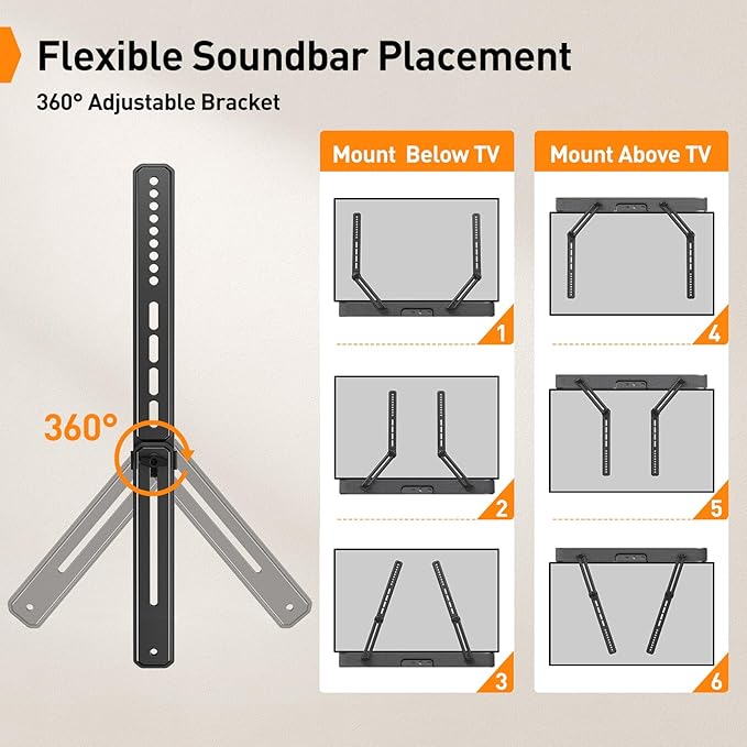 Perlegear Soundbar Mount with Adjustable Height, Sound bar Mount up to 15 lbs, Soundbar Mount Under or Above TV, Soundbar tv Mount Bracket with Detachable Long Extension Plates PGSM04B